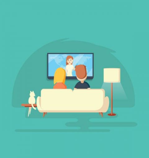 Watching TV at home. Man, woman and cat.Vector llustration